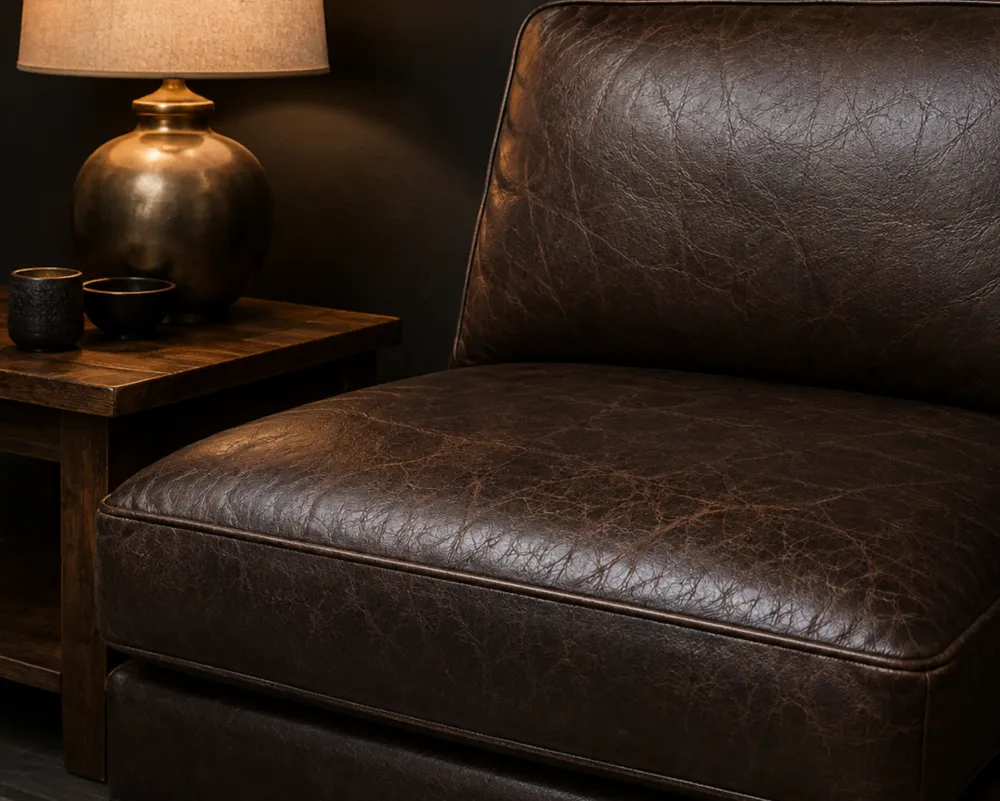 Leather seat beside a lit table lamp