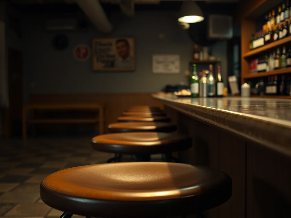 Row of round leather bar stool tops along a busy lit bar counter