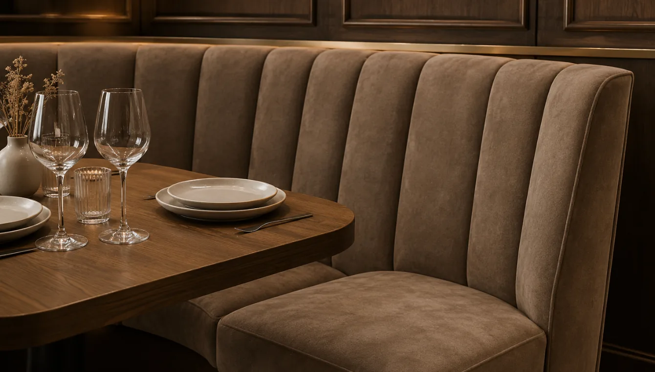 Suede banquette dining seat in a warm neutral