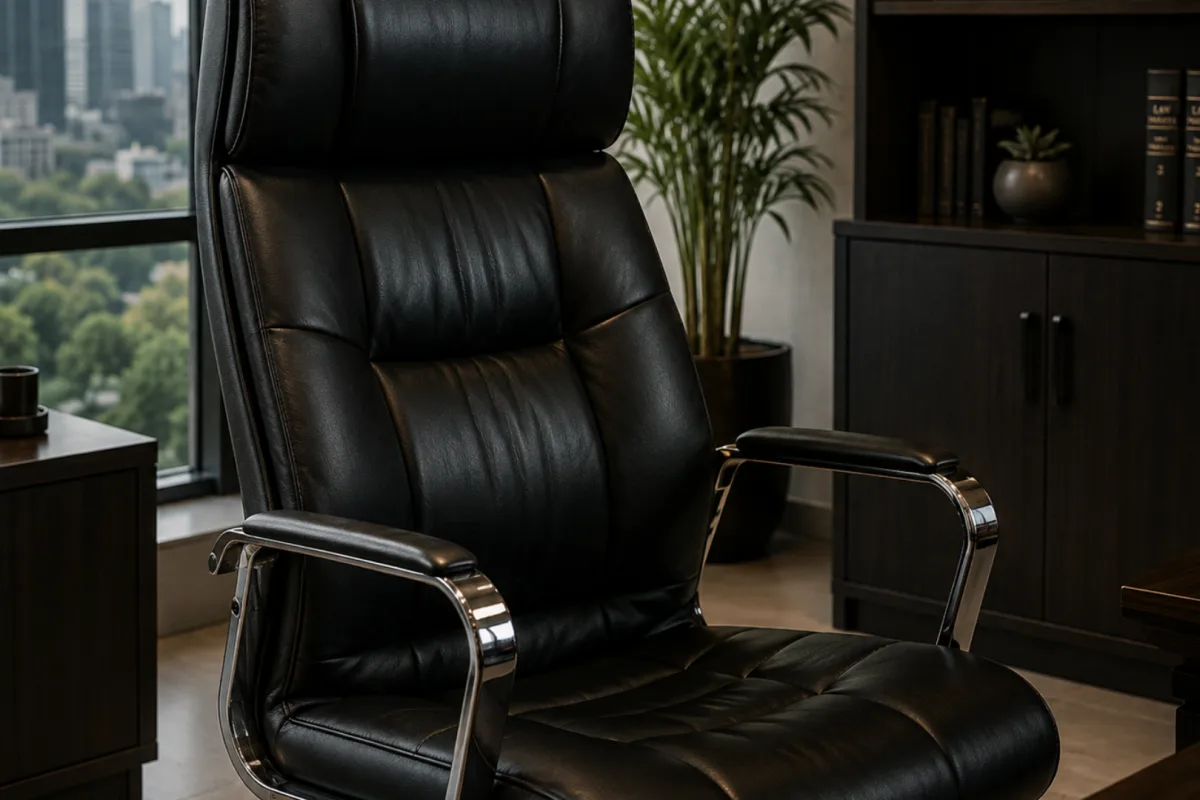 Black leather executive chair in an office