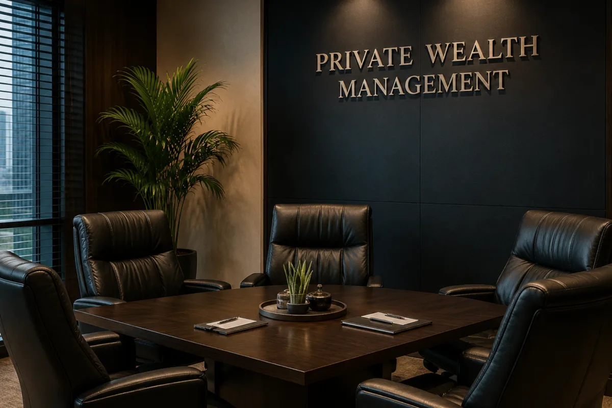 Leather chairs at a meeting table in a financial office