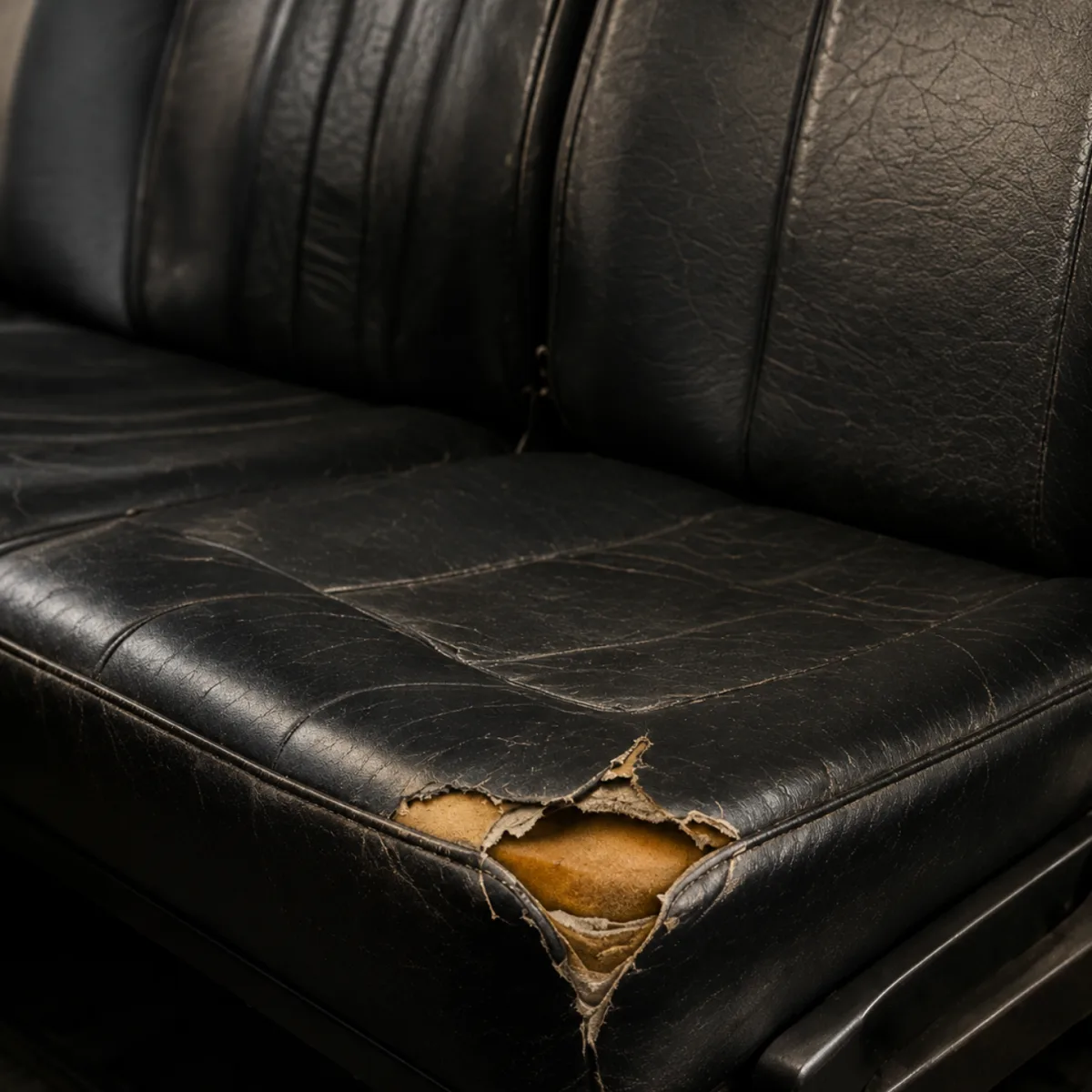 A torn black bus seat with the foam showing