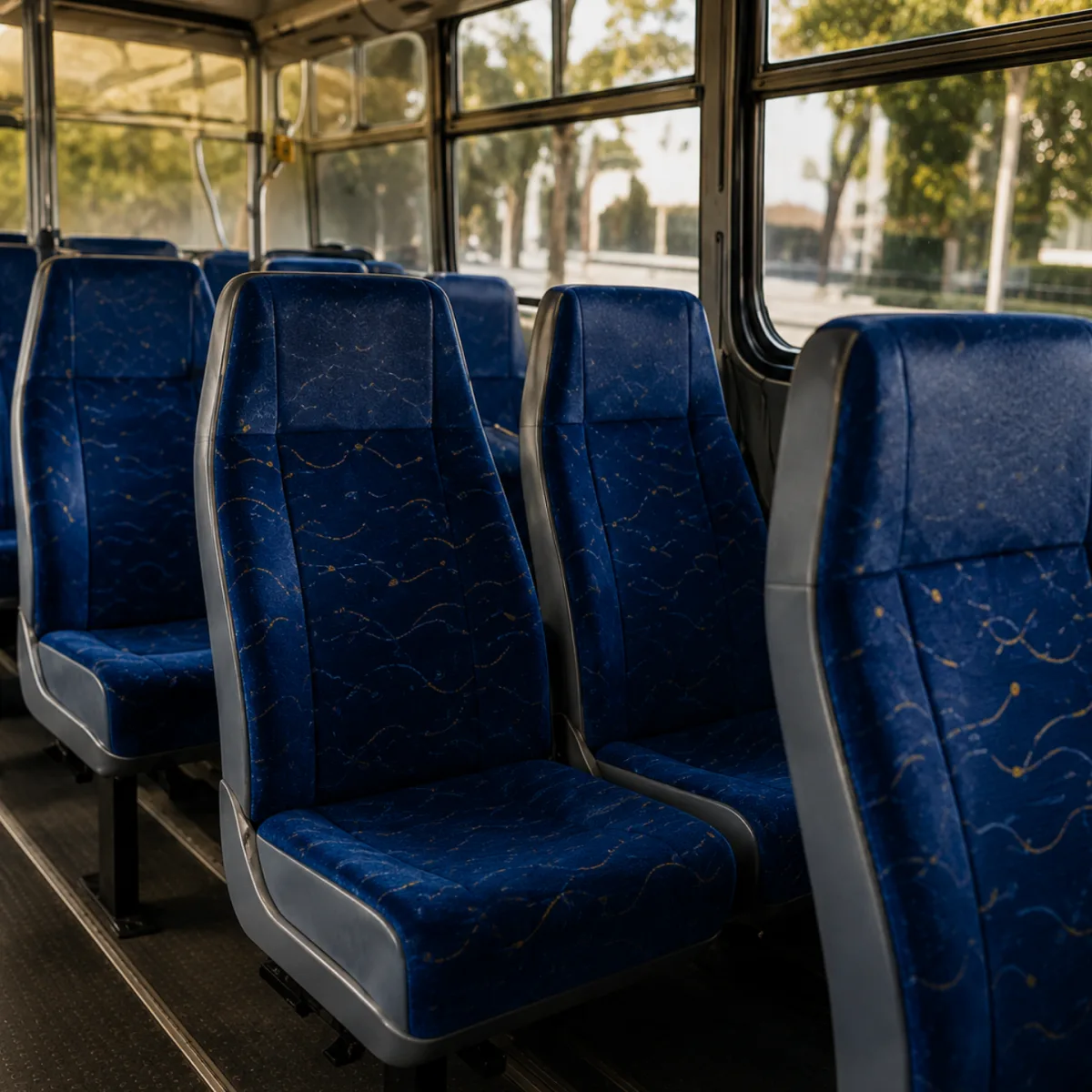 Blue seats in a transit bus interior