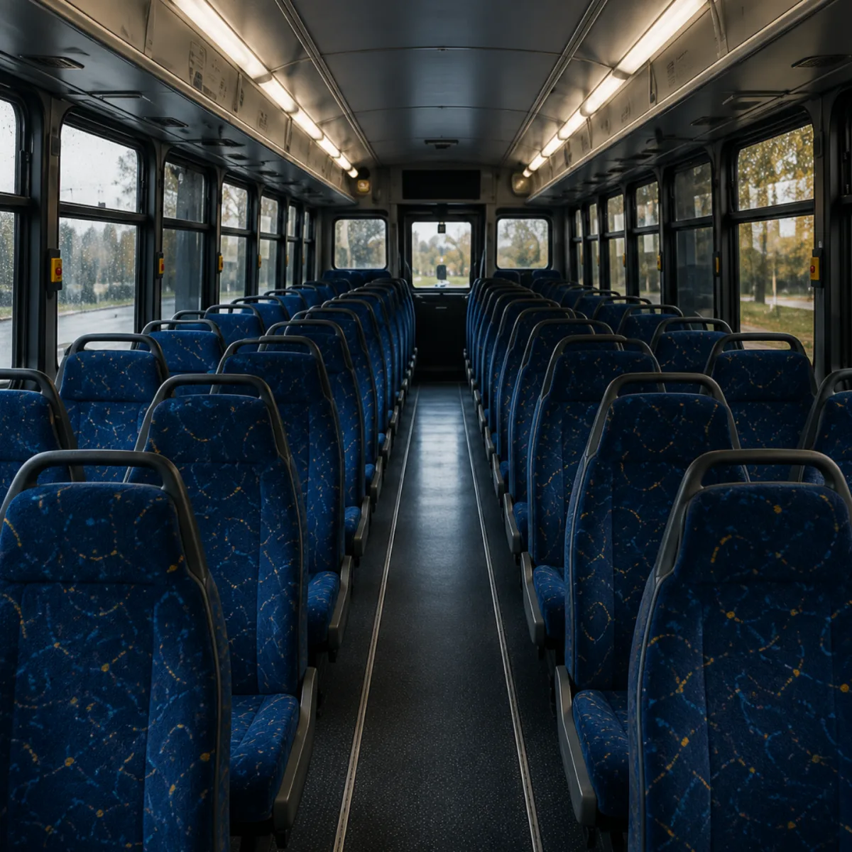 Blue seats down the length of a coach interior