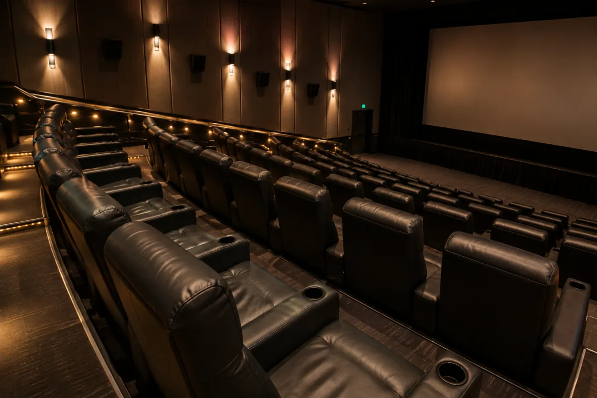 Rows of leather recliner seating in a theater auditorium
