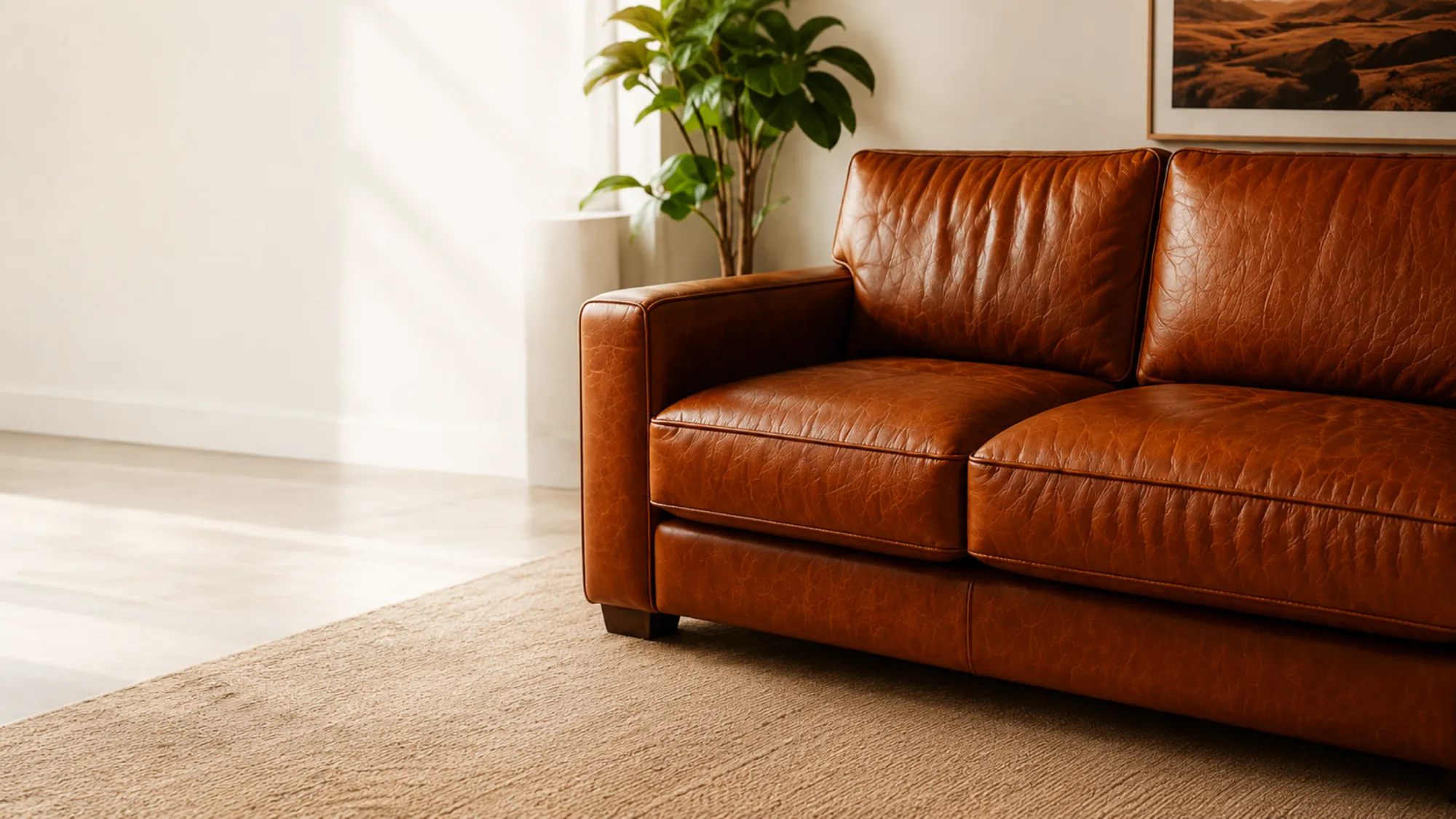 A top-grain leather sofa in daylight, the surface even in tone across the seat cushions and arms