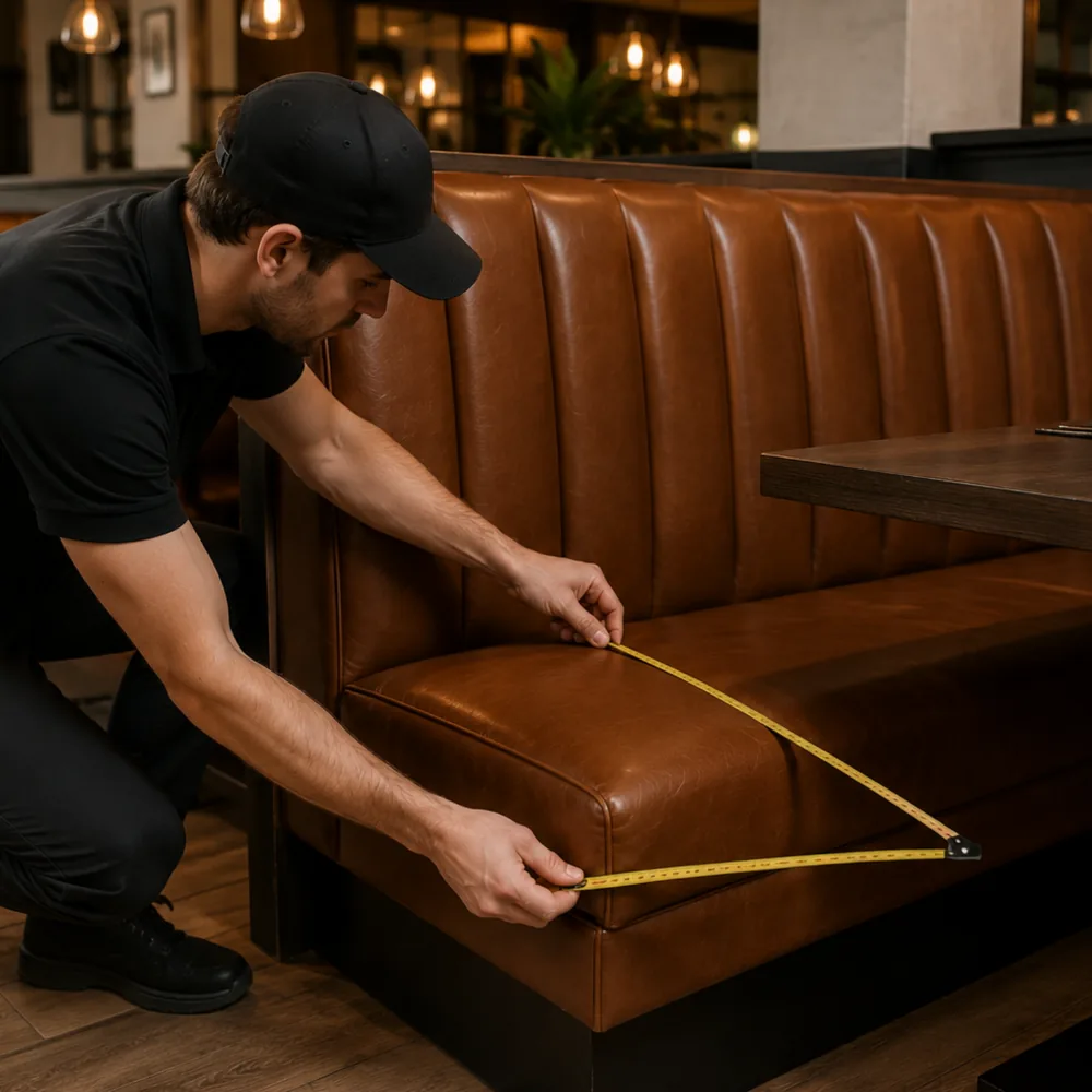 A tape measure run along the seat of a leather restaurant banquette
