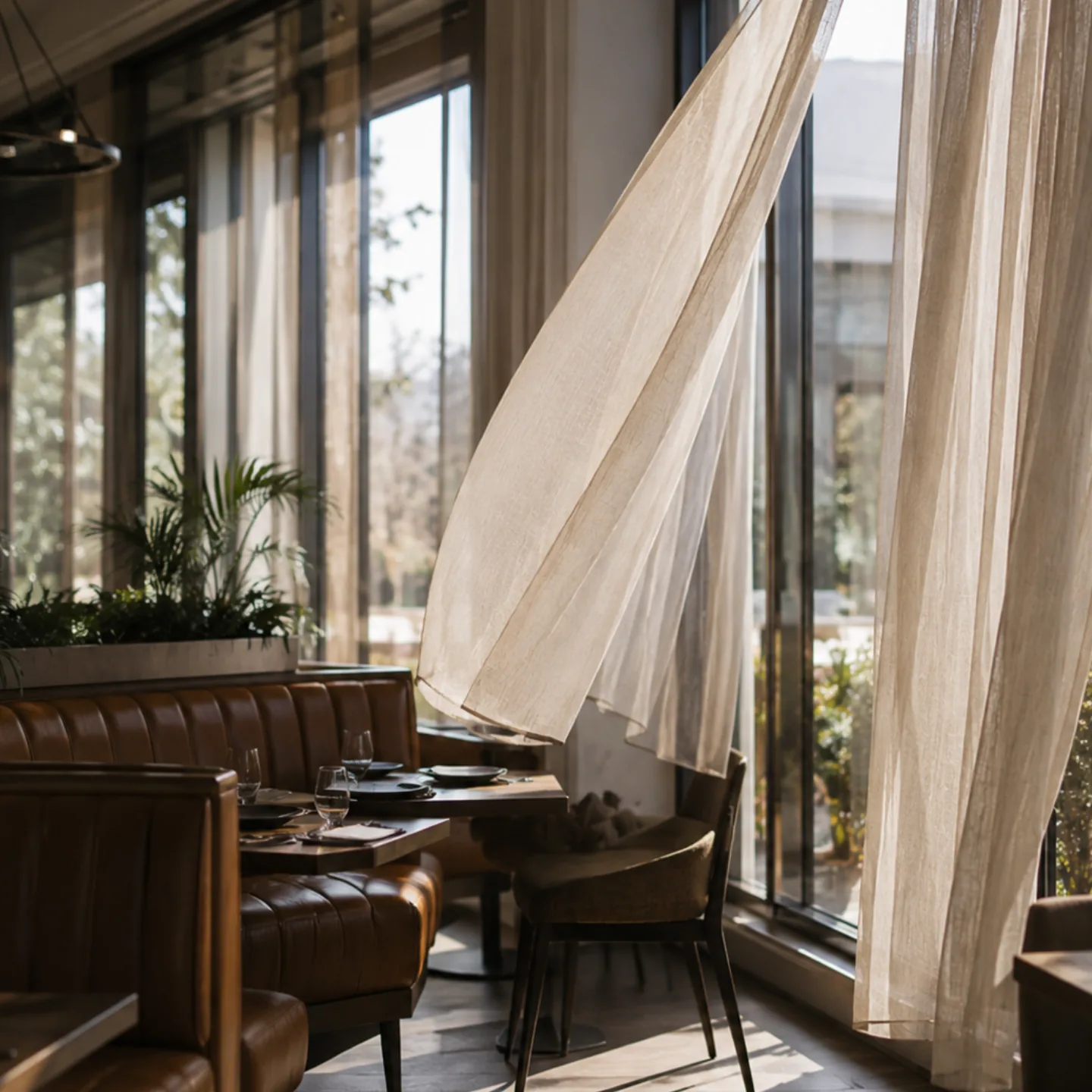 A curtain moving at an open window beside leather booths