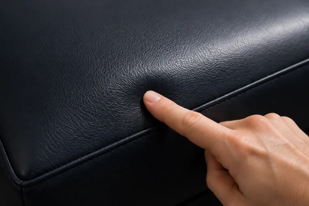 Finger pressing a vinyl seat to test flexibility