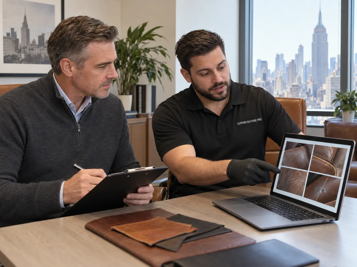 Insurance adjuster reviewing a claim file with a Leather Restore Pro technician