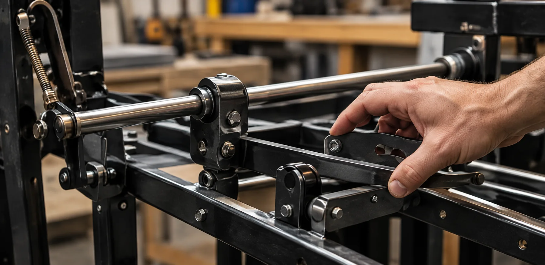 A hand adjusting the linkage of a sofa bed mechanism on a workshop bench