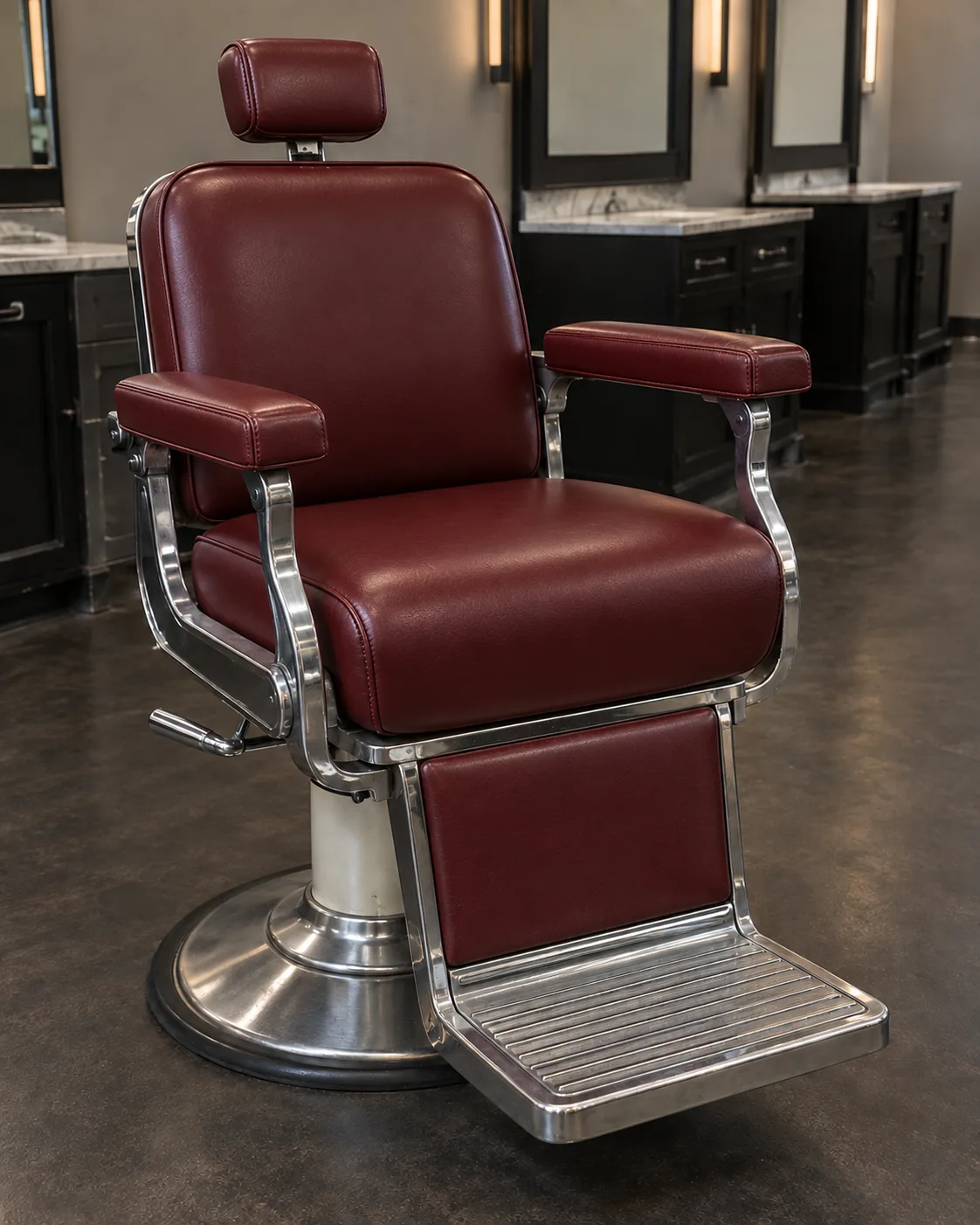 The same barber chair recovered in oxblood