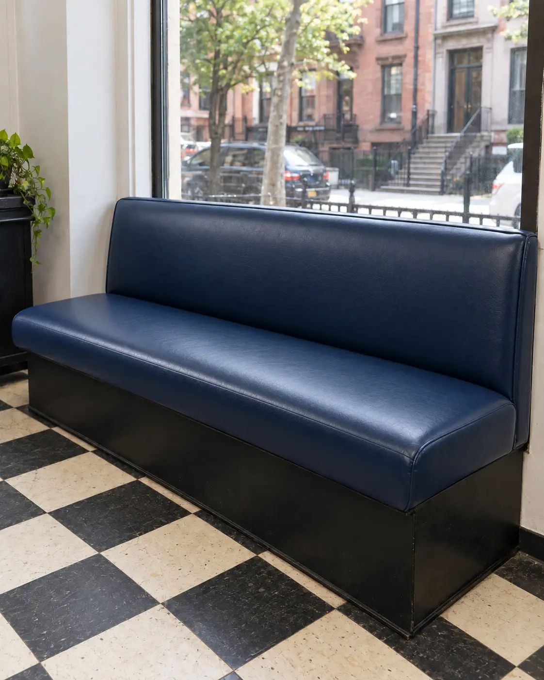 The same waiting bench with new foam and navy vinyl