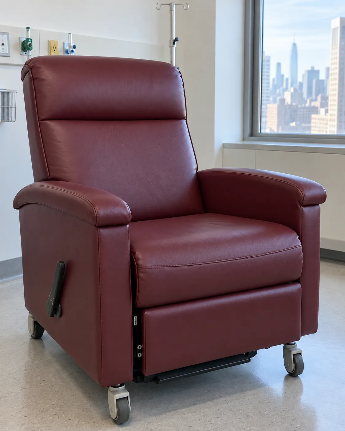 The same burgundy recliner after reupholstery