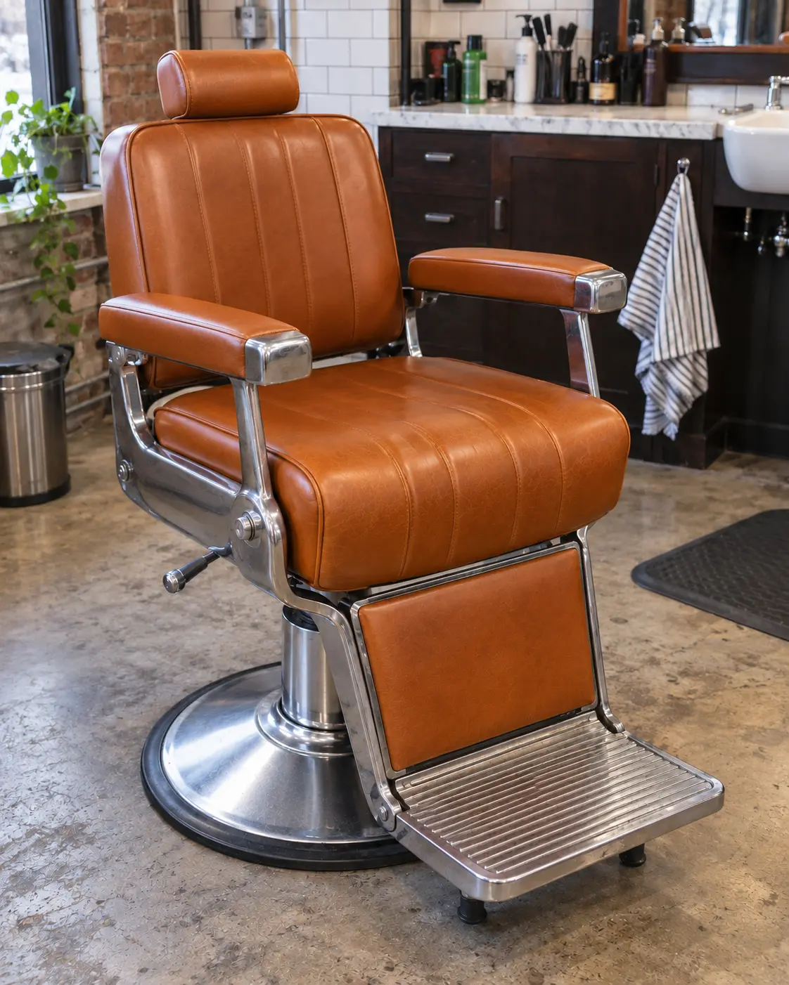 The same barber chair recovered in new cognac leather