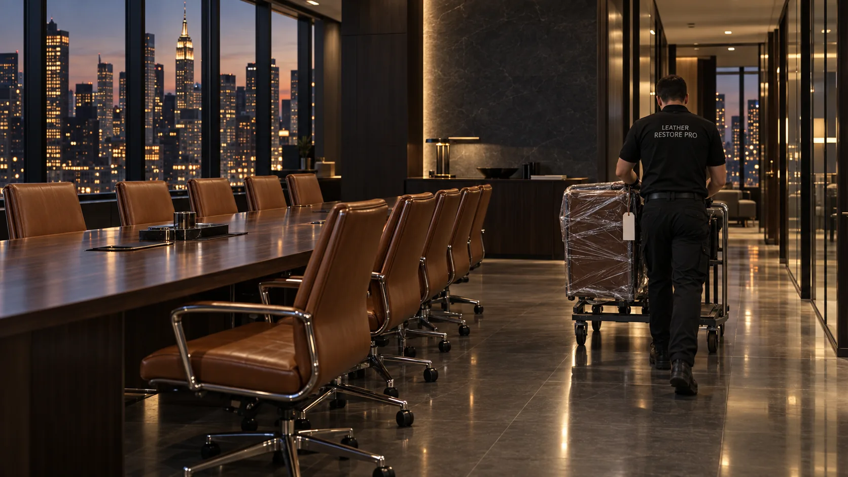 After hours, a technician wheels wrapped chairs past a conference room of cognac leather seating
