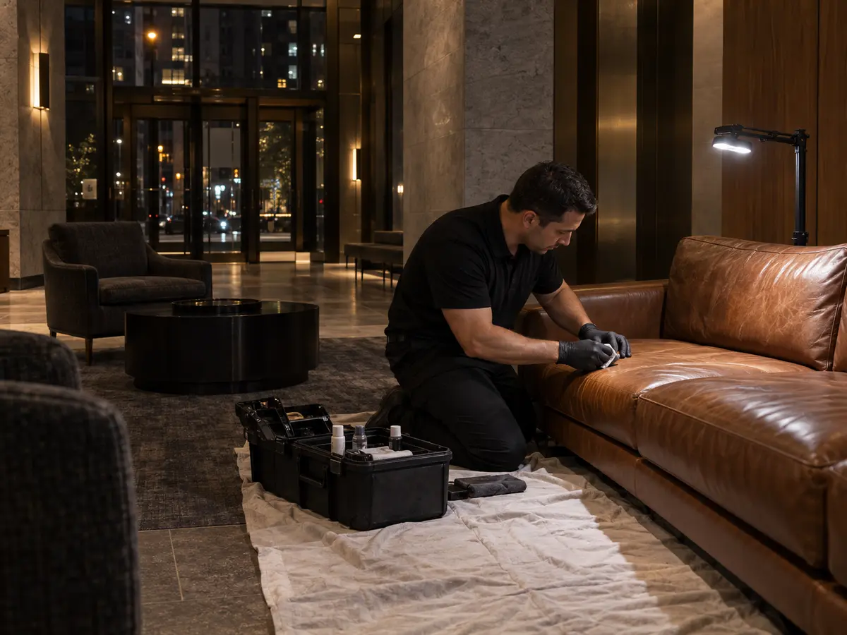 A technician repairing a cognac leather lobby sofa at night on a drop cloth