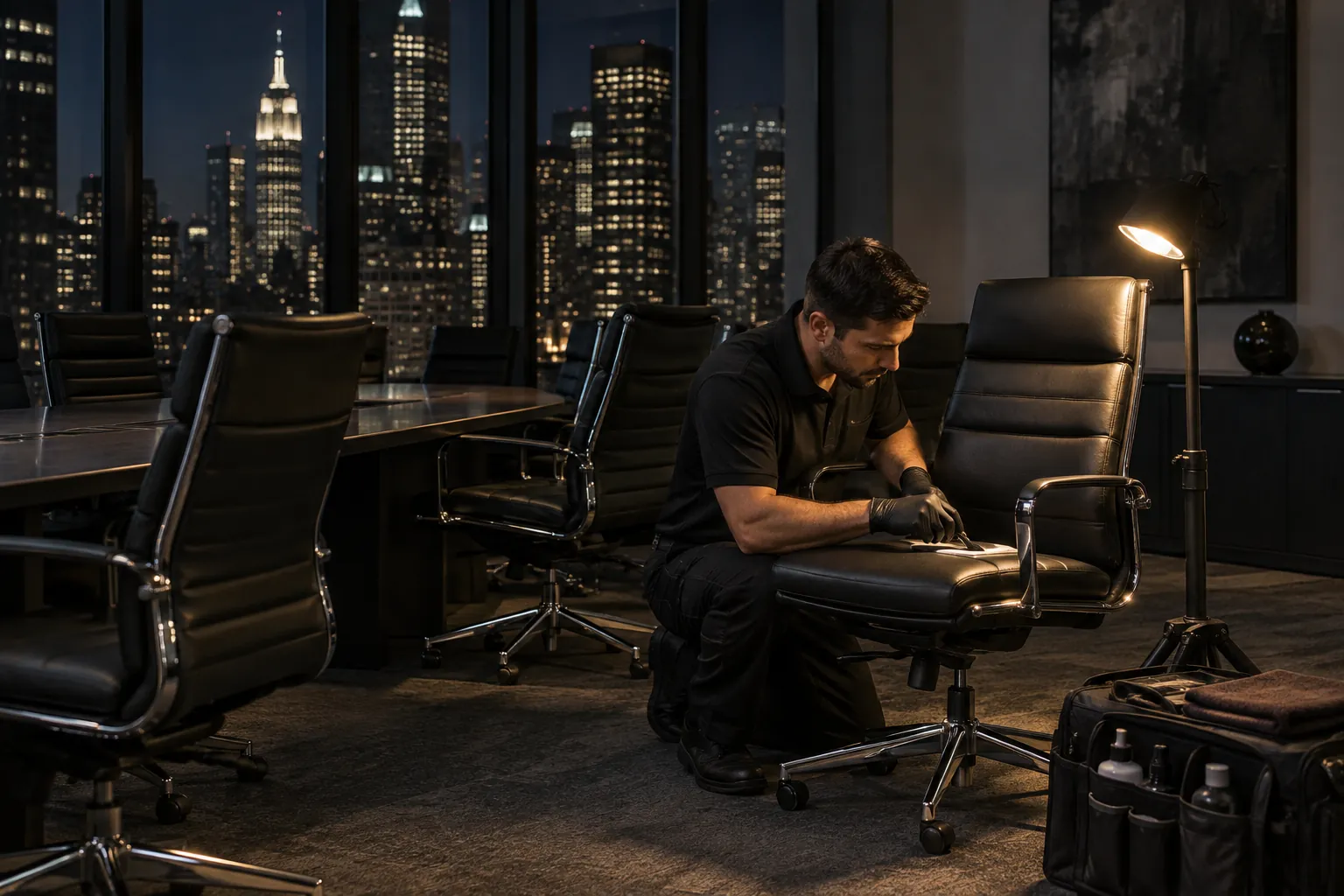 A technician works on office chairs at night with the skyline behind