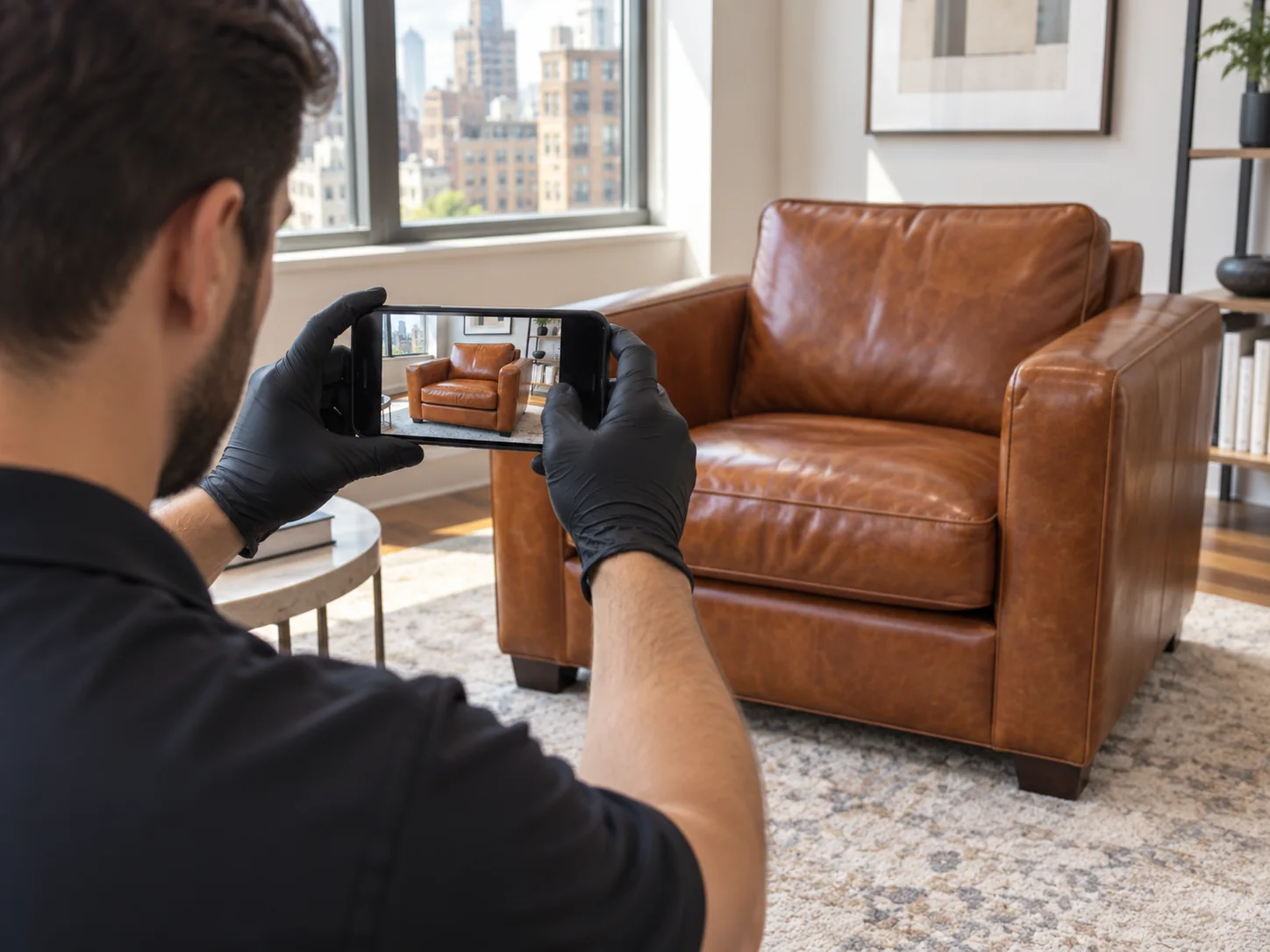 A technician photographing a repaired leather chair