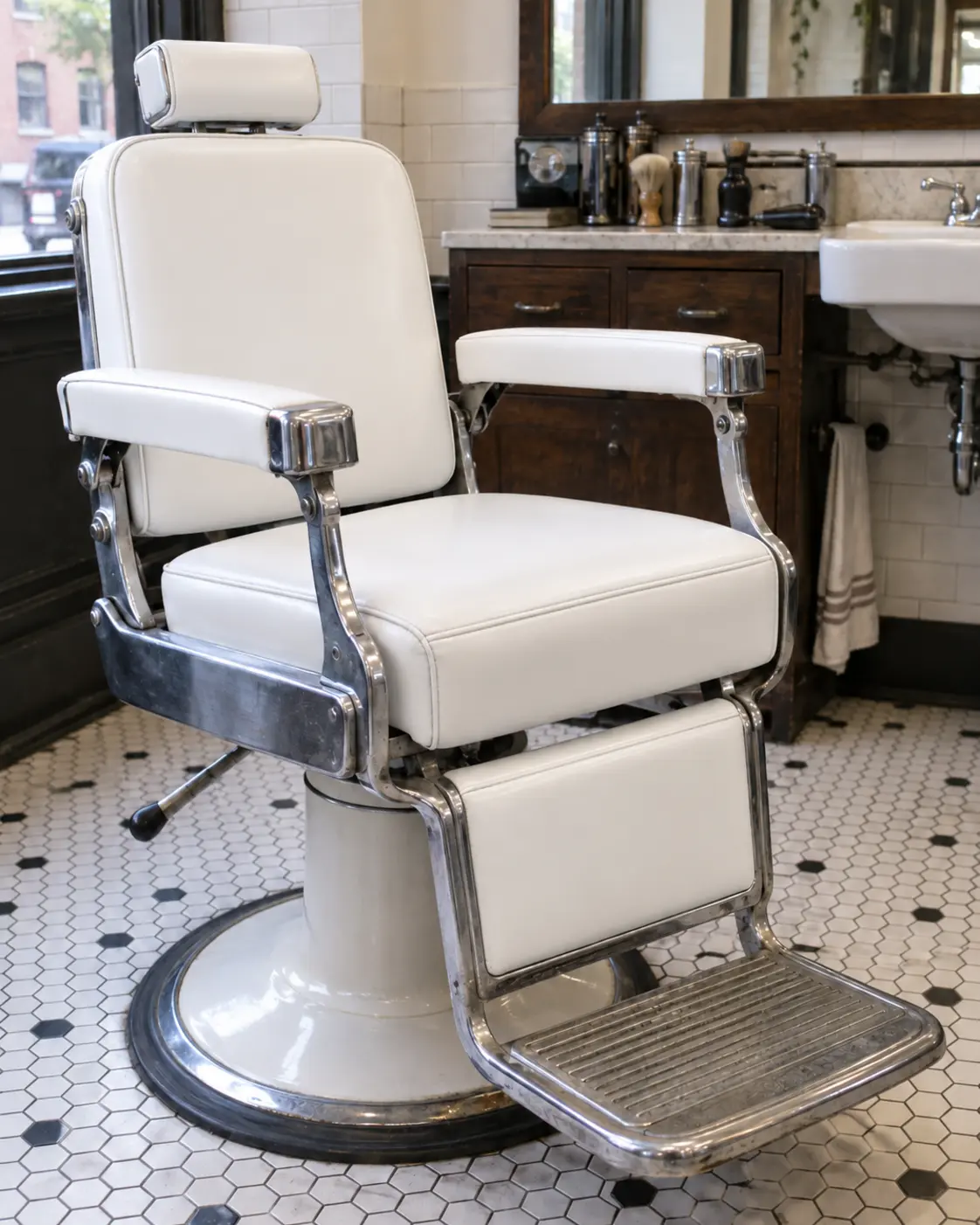 The same white barber chair recovered in new white vinyl