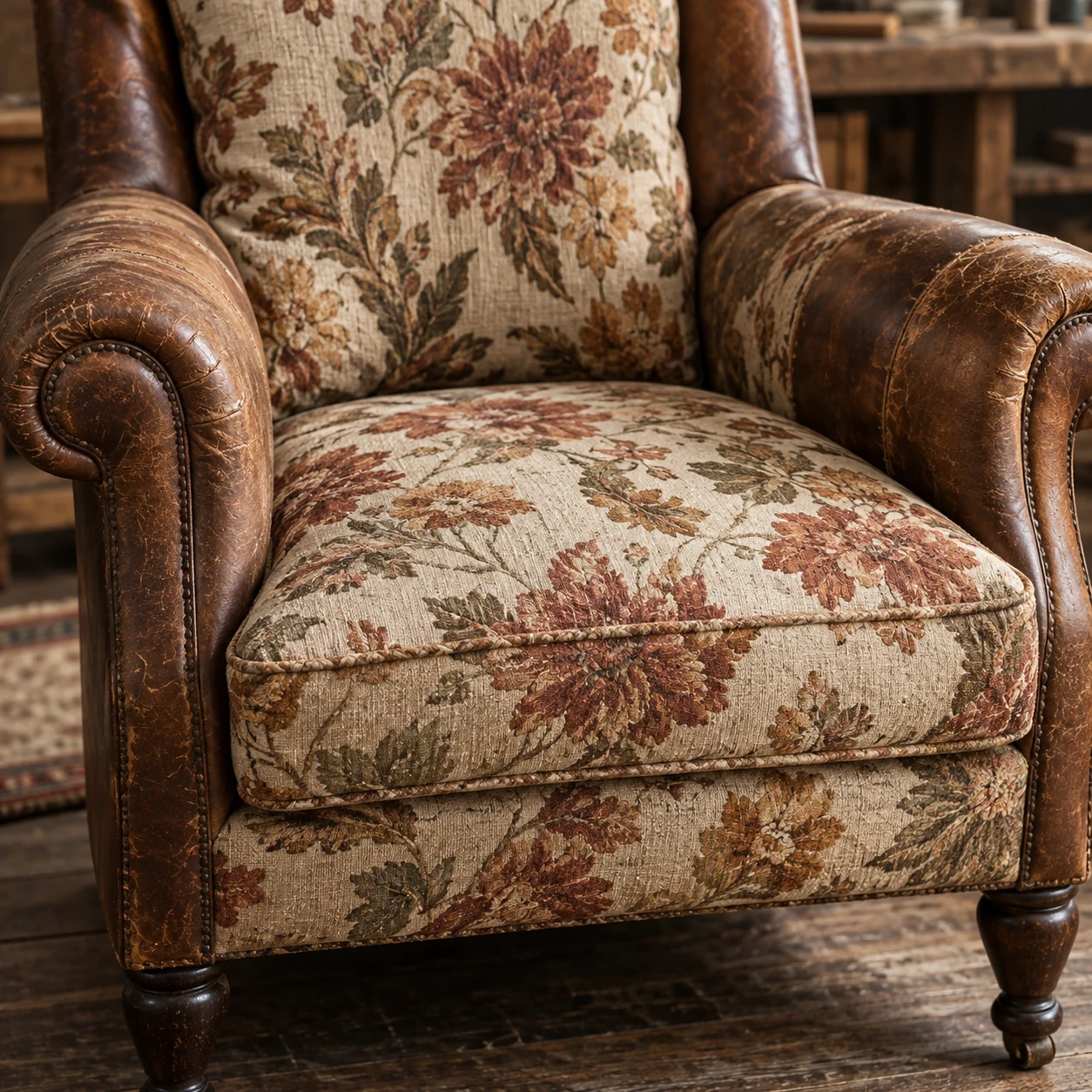 Aged leather club chair with cracked arms and faded floral cushions as it arrived