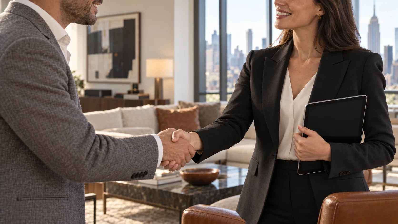 An agent shaking hands with a buyer in a furnished apartment