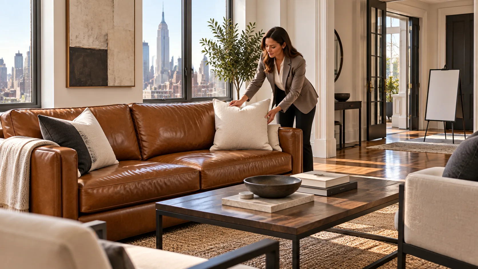 An agent arranging cushions on a leather sofa before a showing