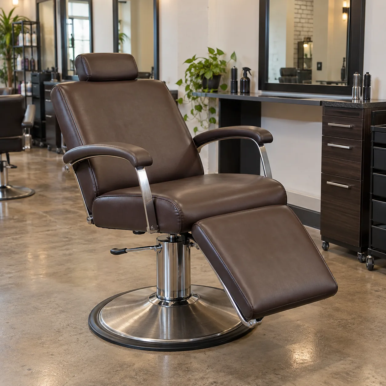 An espresso vinyl all-purpose reclining salon chair