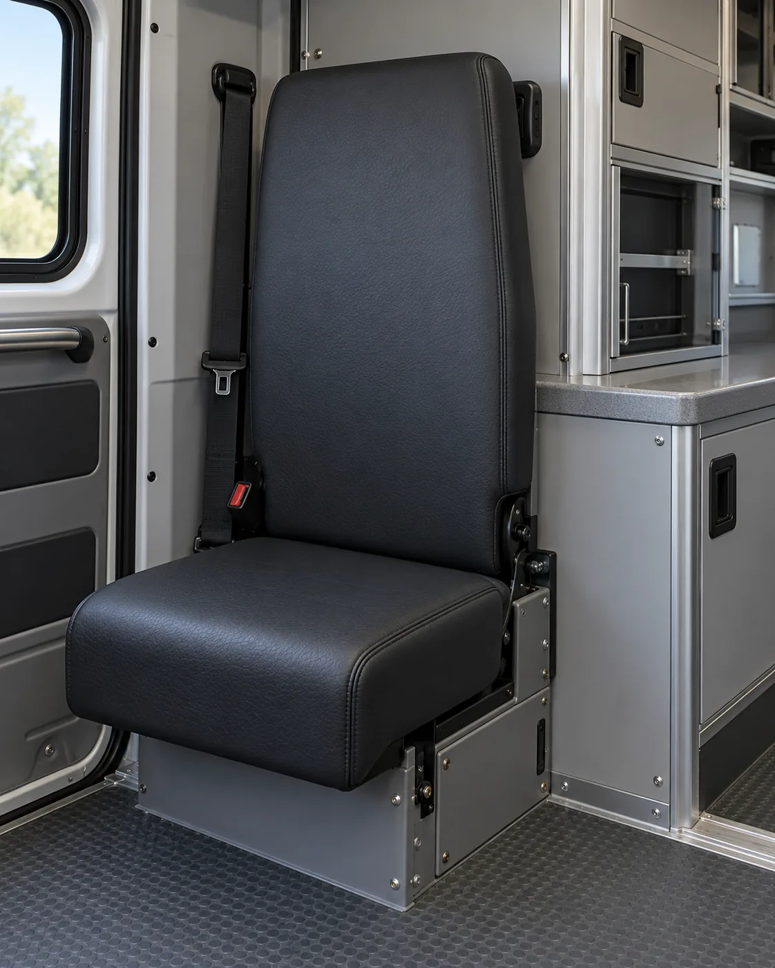 A vinyl seat in an ambulance or utility vehicle