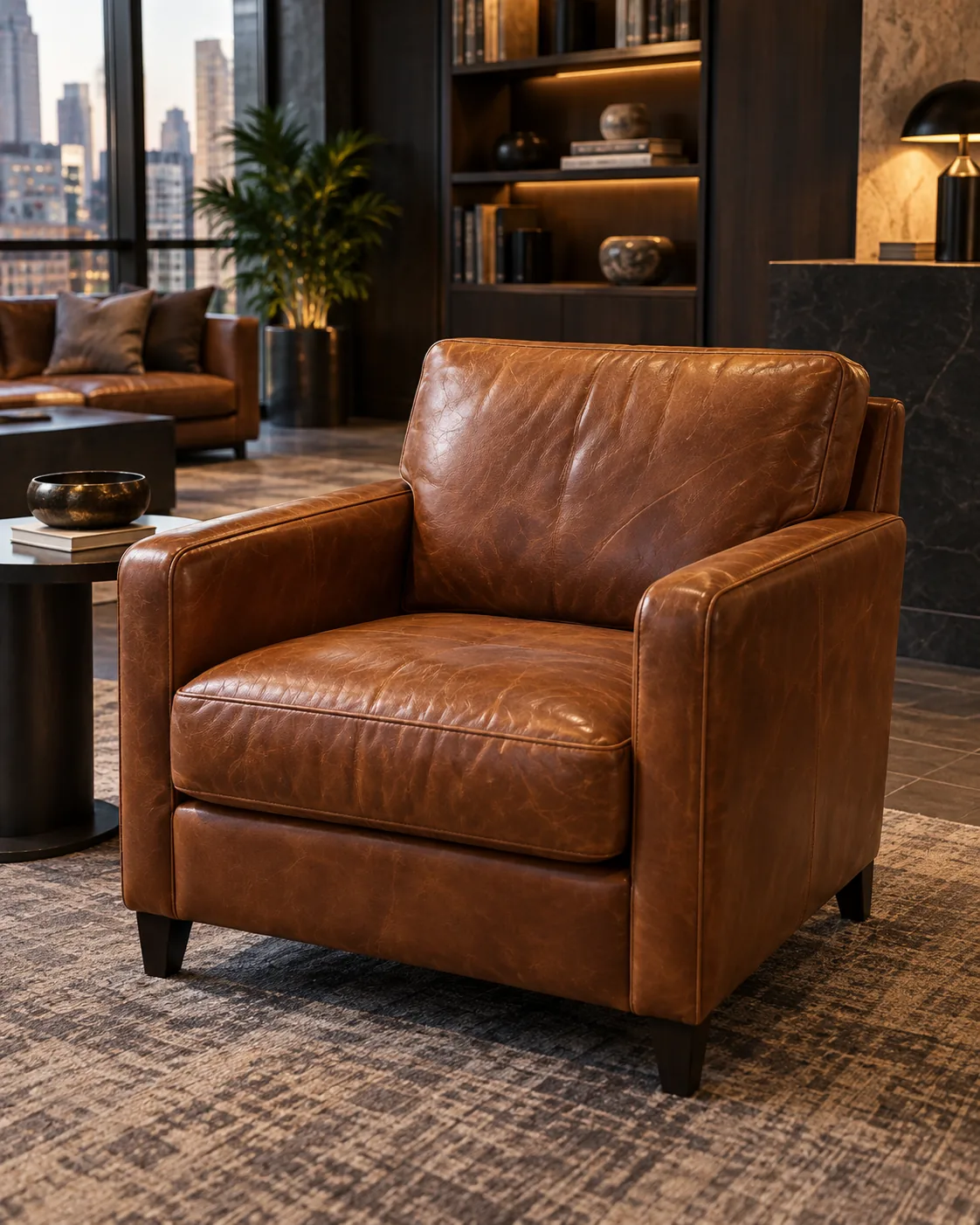 A cognac leather club chair in an amenity lounge