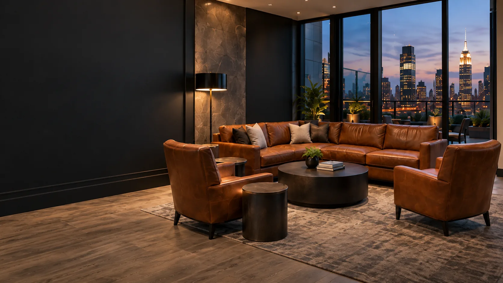 Amenity space furniture repair NYC: a resident lounge with cognac leather seating above the Manhattan skyline