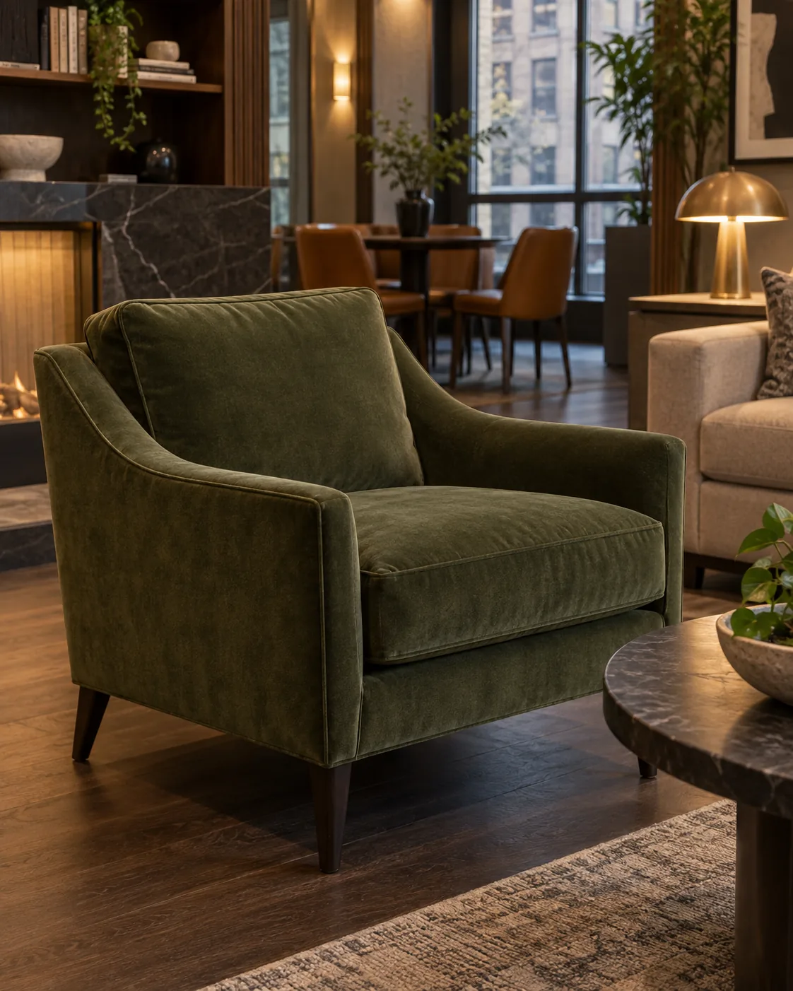 A green velvet lounge chair in a resident amenity room