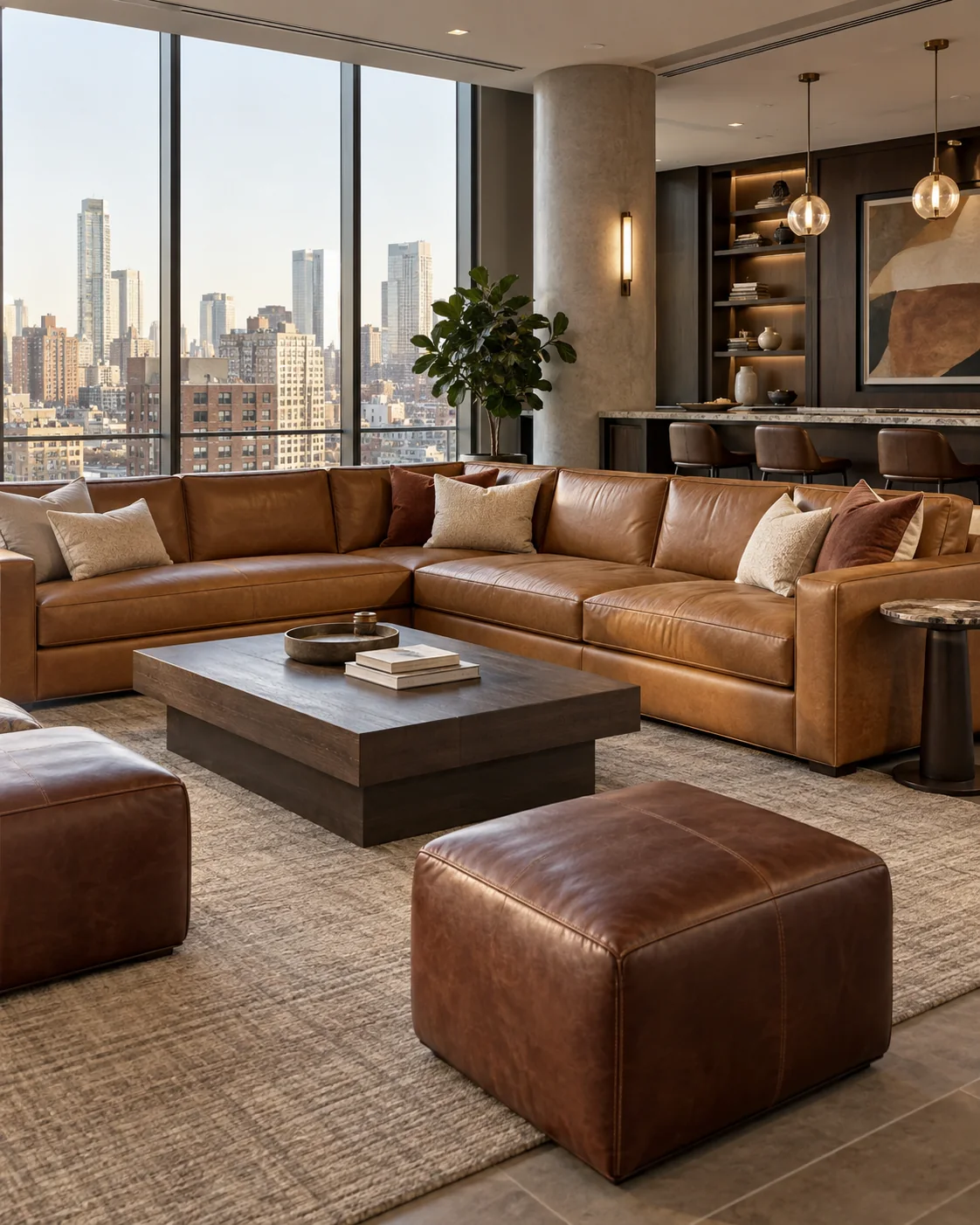 A leather sectional in an amenity lounge