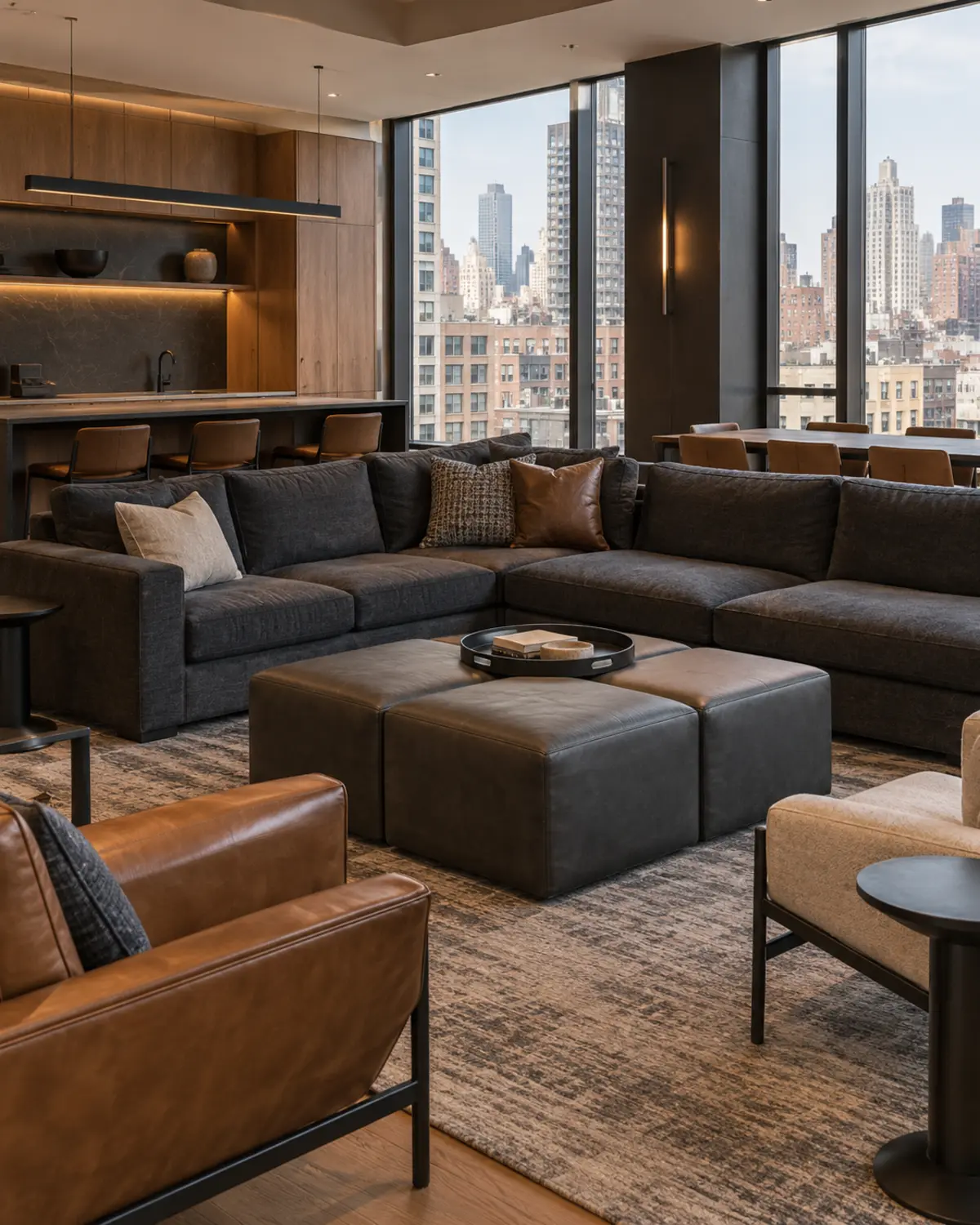 A resident amenity lounge with a dark sectional and leather chair