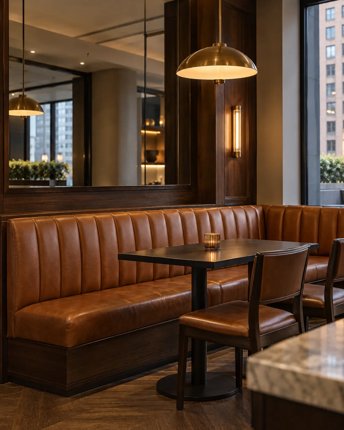 A leather banquette in an amenity dining room