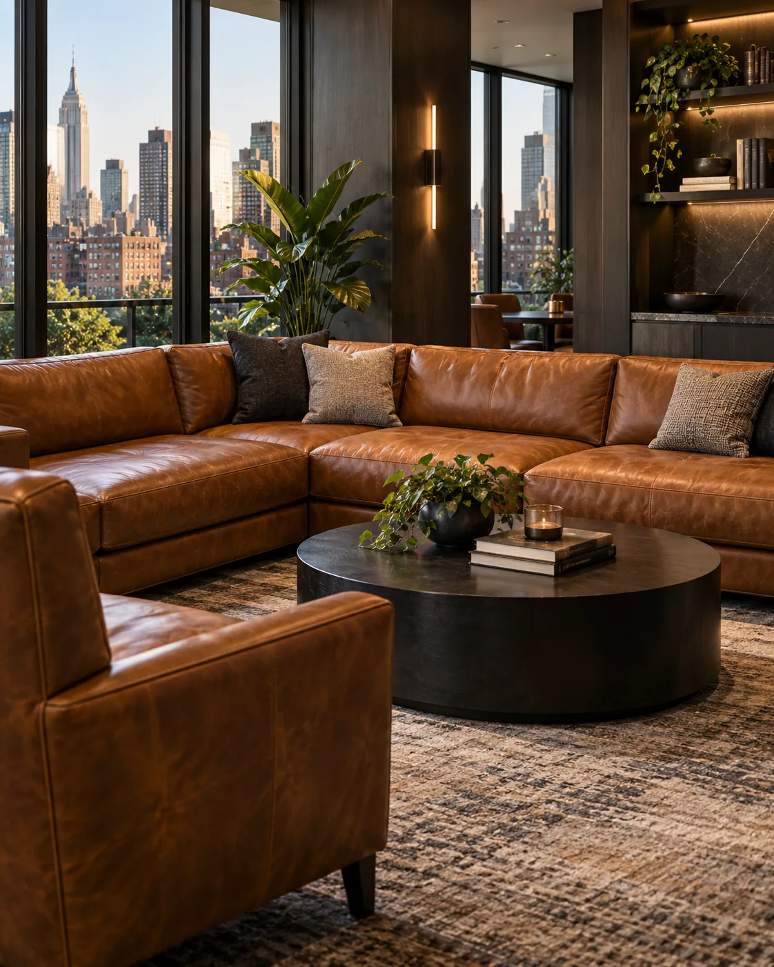 A cognac leather sectional and chairs in an amenity lounge
