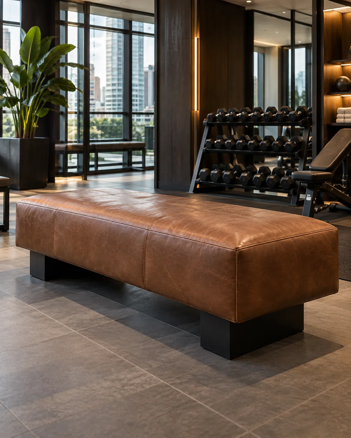 A cognac leather upholstered bench in an amenity space