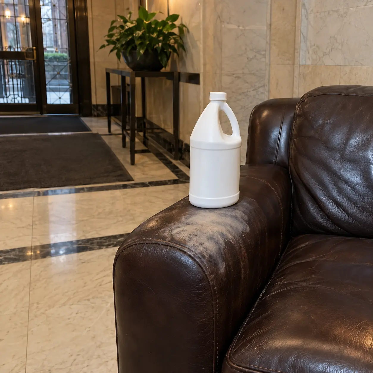 A household cleaner bottle on a leather sofa arm beside a dull patch