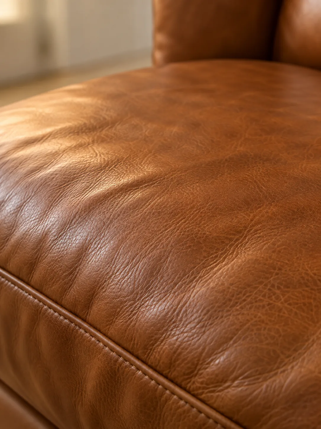 Close-up of soft aniline leather on a designer sofa