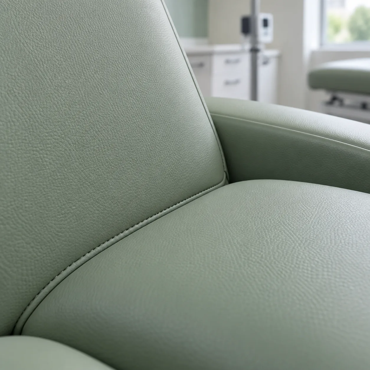 Sage green anti-microbial vinyl on a patient chair