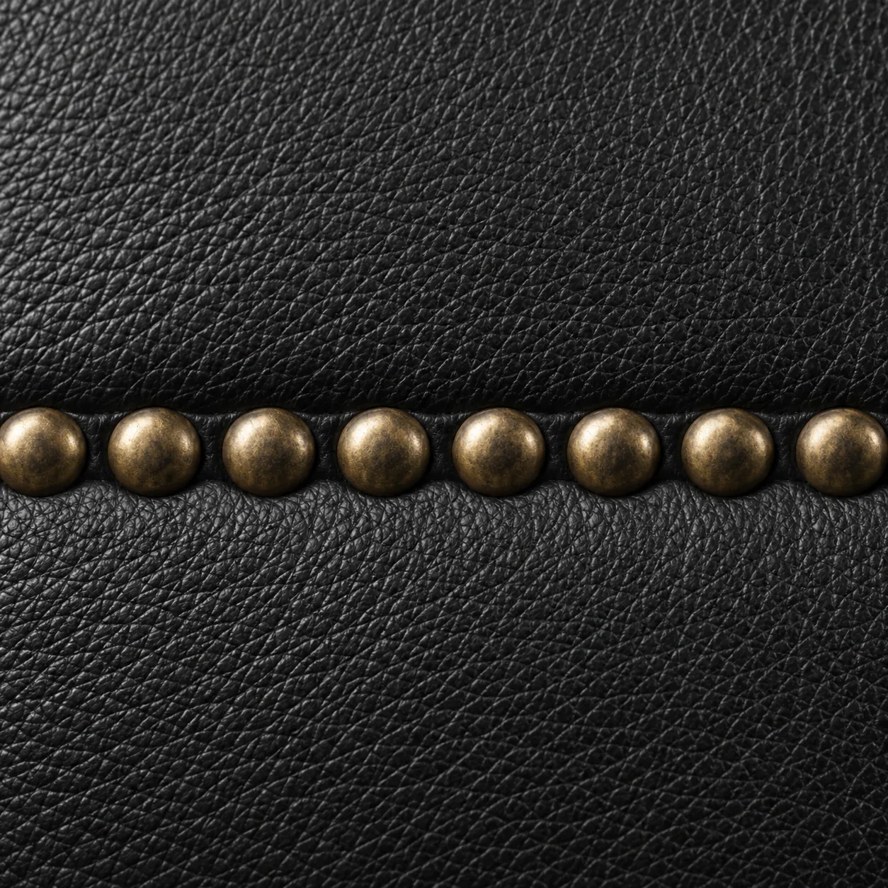 Single row of antique brass nailheads along a seam in black leather