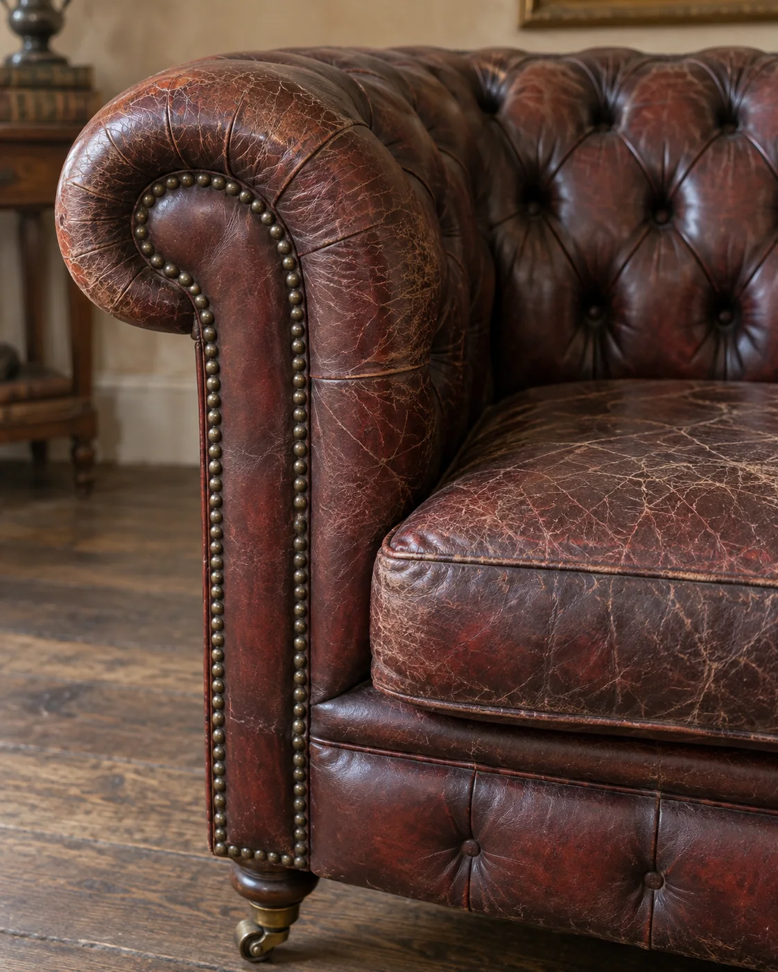 Chesterfield arm with cracked leather