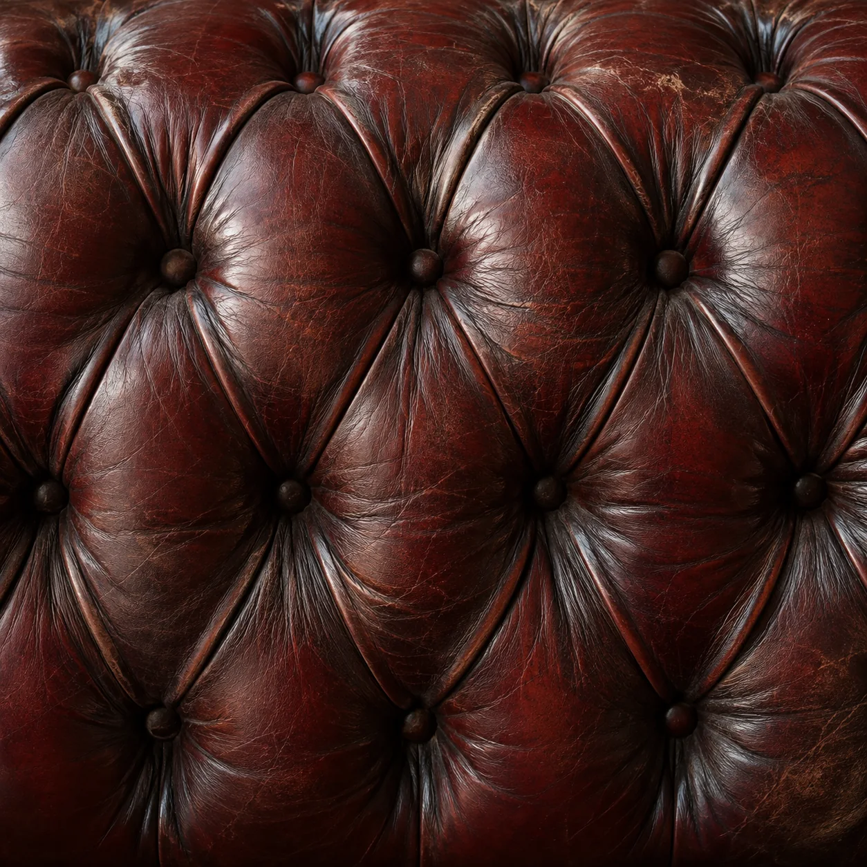 Deep buttoning on the back of an antique leather Chesterfield