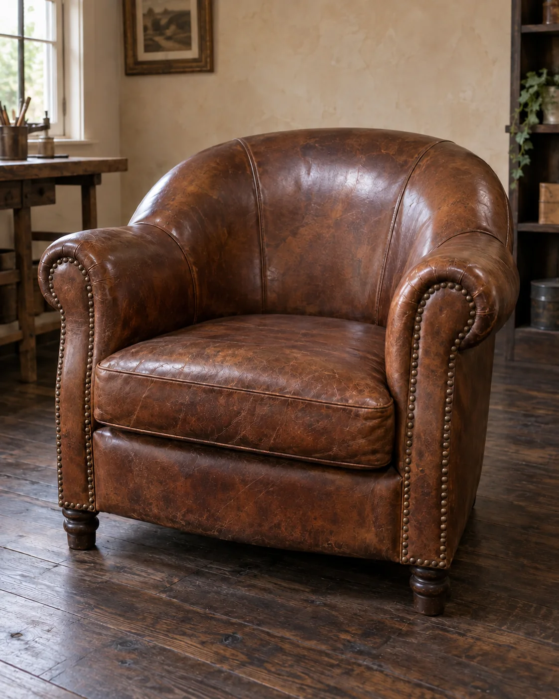 The same club chair with the seat repaired, after