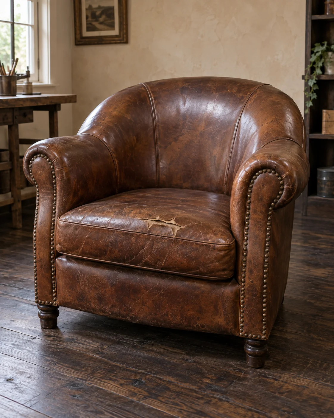 Antique club chair with a torn seat, before