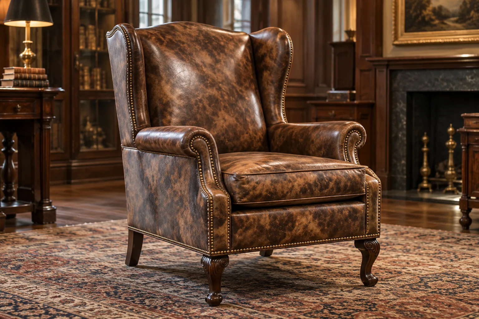 Antique cognac leather wingback chair in a wood-paneled library