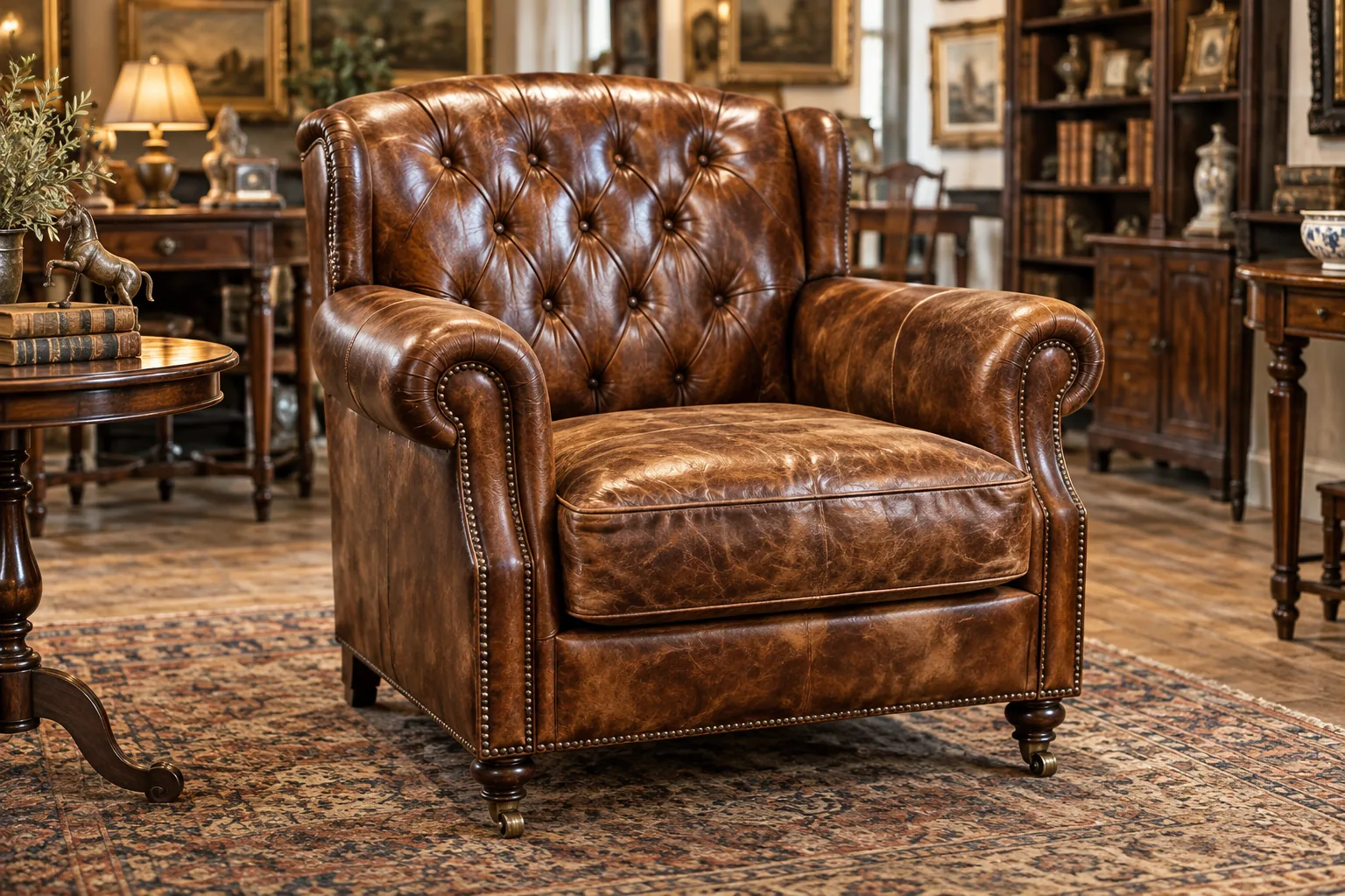 Antique tufted leather armchair in a dealer showroom