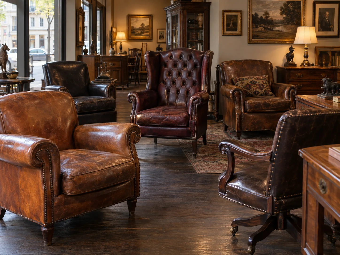 An antique dealer's shop with leather chairs