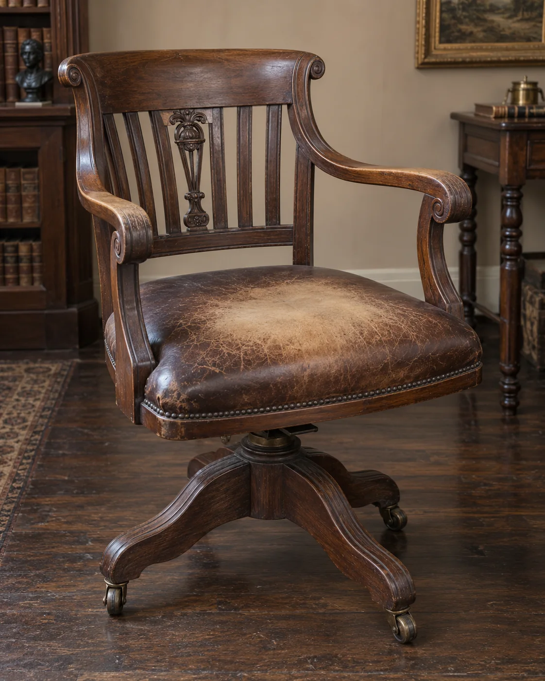 Antique desk chair with a faded leather seat, before