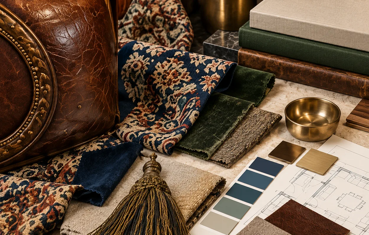 Antique leather, tapestry fabric, a tassel, stone and color swatches laid over a room plan